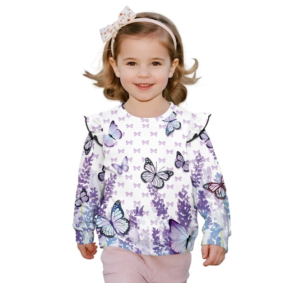 Xoenoiee Butterfly Bow Lavender Print Girl's Long Sleeve Crewneck Sweatshirts Toddler Graphic Shirts Top Drop Shoulder Sweater Top Ruffle Pullover Tops T Shirt, Size 5-6 Years