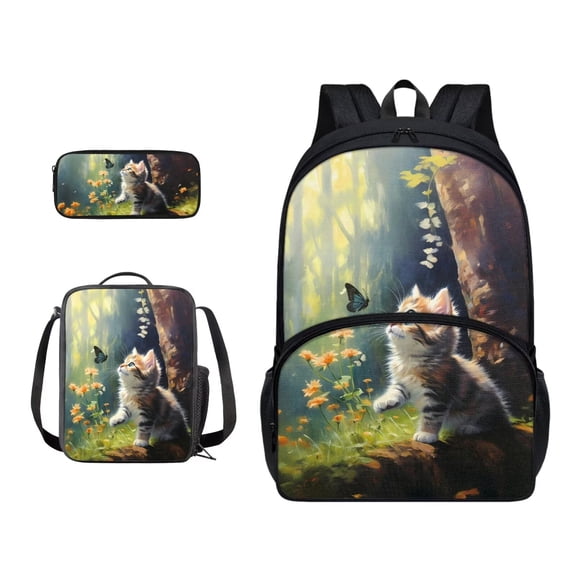 Xoenoiee Butterfly Cat Forest Pattern Backpack Set for Kids Boys Girls 17in Large School Bag with Lunch Bag Pencil Bag 3 Pcs Set Back to School Supplies