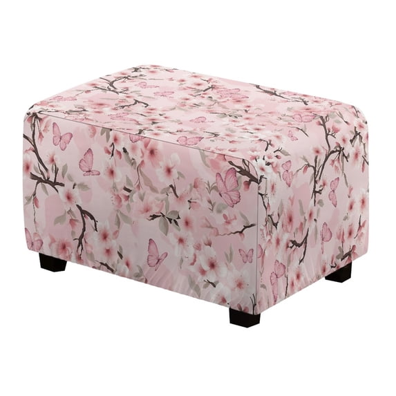 Xoenoiee Butterfly Cherry Blossom Print Ottoman Cover Rectangle, Stretch Thick Ottoman Slipcover Washable Storage Ottoman Cover Foot Stool Cover with Elastic Bottom for Living Room, S