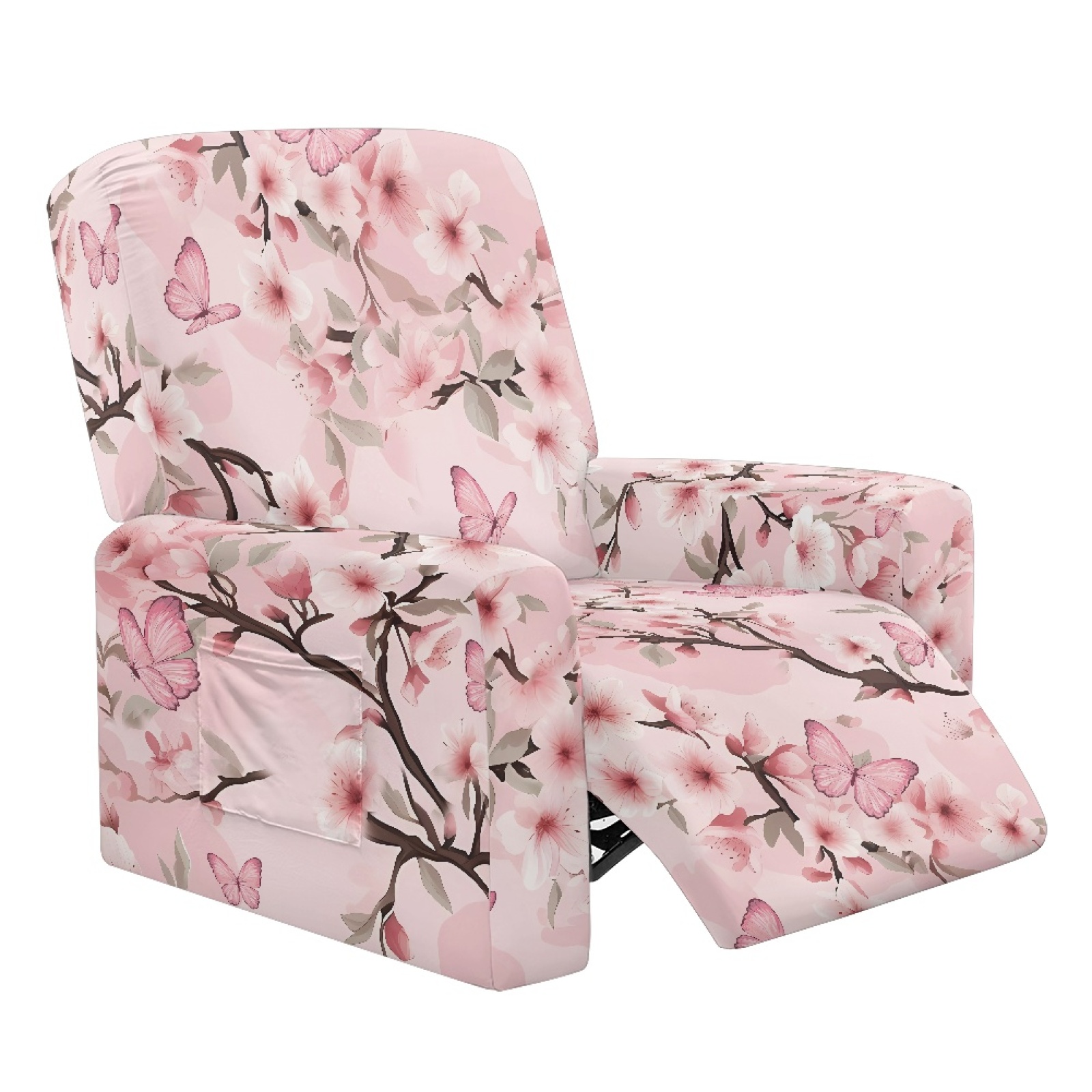 Xoenoiee Butterfly Cherry Blossom Print Recliner Cover with Pockets 4-Pieces Reclining Slipcover Lazy Boy Recliner Armchair Cover with Elastic Bottom for Recliner Furniture Protector for Kid Pet