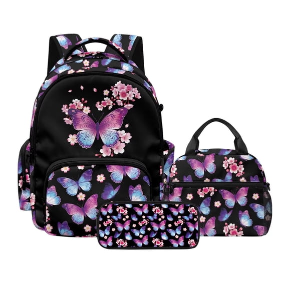 Xoenoiee Butterfly Cherry Blossom Print School Bag Backpack for Girls Bookbag College Students School Backpacks Set Lunch Box and Pencil Bag 3 in 1 Casual Rucksack Outdoor Daypack