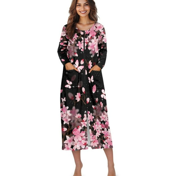Xoenoiee Butterfly Cherry Blossom Print Women's Sleepwear Zipper Long Nightgown Lounge Wear Dress Gown Soft Nightshirt Comfy Housecoat Robe, S