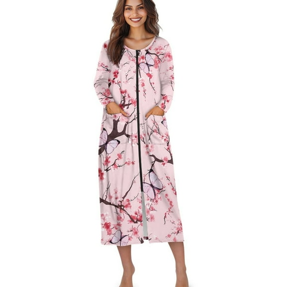 Xoenoiee Butterfly Cherry Blossom Print Women's Zipper Robe Long Sleeve Housecoat Calf Length Casual Nightgown Crew Neck Loose Bathrobe with Pockets, 4XL