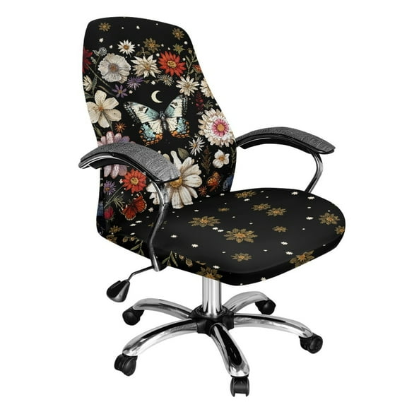 Xoenoiee Butterfly Daisy Floral Moon Print Computer Office Chair Covers Stretchable Soft Fit Universal Desk Rotating Slipcovers, Removable Washable Chair Protector Cover with Button, Large