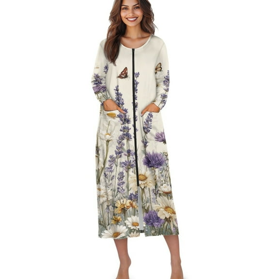 Xoenoiee Butterfly Daisy Lavender Print Womens Zipper Front Long Sleeves Robe Loungewear Full Length Sleepwear with Pockets Lightweight Bathrobe House Coat Nightgown, L