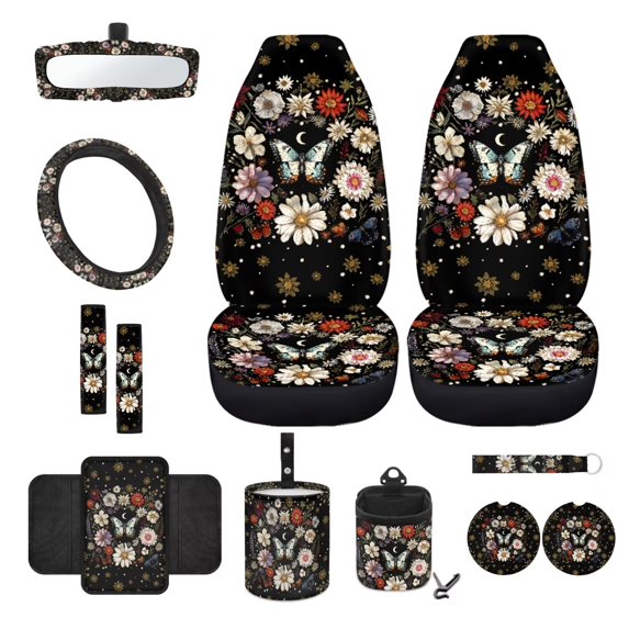 Xoenoiee Butterfly Daisy Moon Car Front Seat Covers 12Pcs Set with Steering Wheel &Seat Belt Cover Car Trash Can Armrest Cover Air Vent Bag Rear View Mirror Cover Cup Coasters Kychain