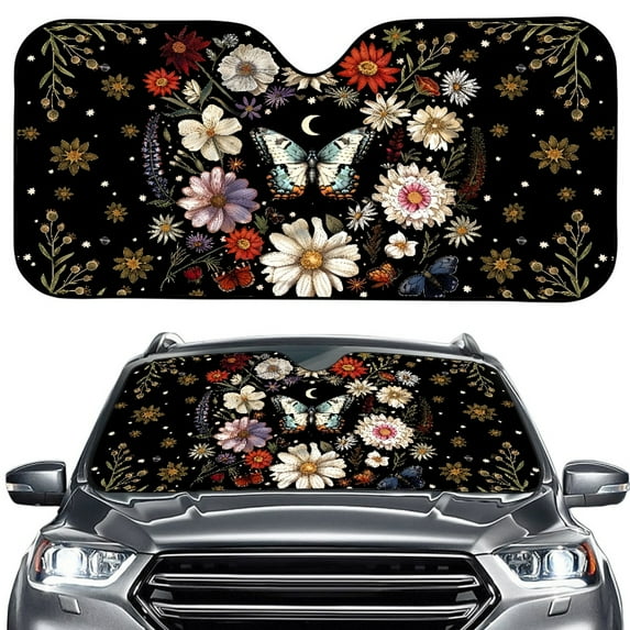 Xoenoiee Butterfly Daisy Moon Print Car Windshield Sun Shade Foldable Front Window Sunshade Sun Visor Protector, Block UV Rays Keep Your Car Cooler