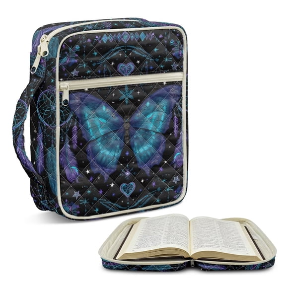 Xoenoiee Butterfly Dreamcatcher Heart Star Pattern Bible Bag for Women Men, Large Quilted Bible Cover Case Church Bag with Durable Handle and Extra Pockets, Christian Gift for Ladies