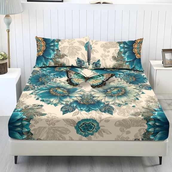 Xoenoiee Butterfly Flower Pattern 3 Piece Sheet Set Includes 1 Fitted Sheet and 2 Pillowcases, Soft and Breathable Microfiber Bed Sheets with Deep Pocket for Bedroom Decor, Twin Size
