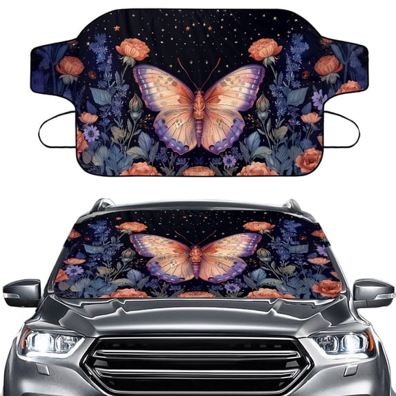 Xoenoiee Butterfly Flower Print Car Windshield Snow Cover Windproof All Weather Winter Summer Front Window Automotive Covers Sun & Snow-Shade for Most Cars Trucks Vans and SUVs