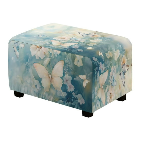Xoenoiee Butterfly Flower Print Ottoman Cover Latest Jacquard Design High Stretch Folding Storage Footstool Protector Rectangle Removable Slipcover, Machine Washable, S