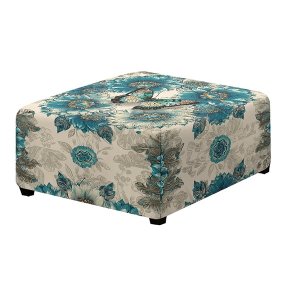 Xoenoiee Butterfly Flower Print Ottoman Cover Square Folding Storage Ottoman Slipcovers Jacquard Stretch Footrest Foot Stool Covers Protector with Elastic Band, S