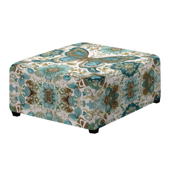Xoenoiee Butterfly Flower Print Ottoman Cover Square, Stretch Slipcover for Square Footstool, Soft Fabric with Non-Slip Elastic Bottom, Decorative Furniture Protector for Living Room, S