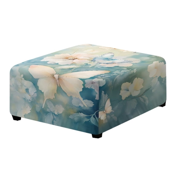 Xoenoiee Butterfly Flower Print Ottoman Slipcovers Stretch Square Footrest Stool Covers Anti-Slip Ottoman Cover for Foot Stool Furniture Protector with Non Slip Elastic Bottom, S