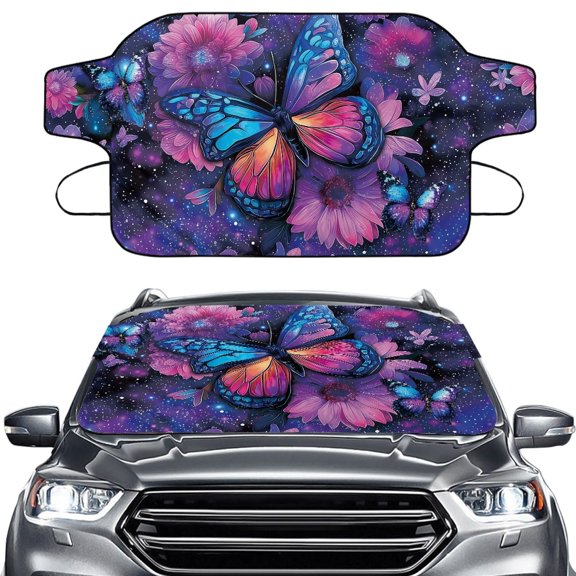 Xoenoiee Butterfly Flower Print Windshield Snow Cover, Winner Car Frost Protector for Ice & Sleet, Includes Anti-Theft Straps, Freeze Protector for Auto Car Truck Van SUV