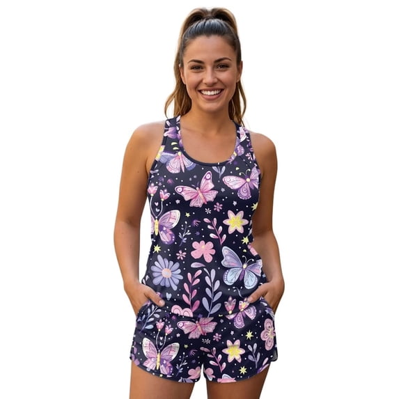 Xoenoiee Butterfly Flower Print Women's Tankini Swimsuit Tummy Control Two Piece Bathing Suit Push Up Modest Swim Suits with Shorts for Pool Swimming Beach, S