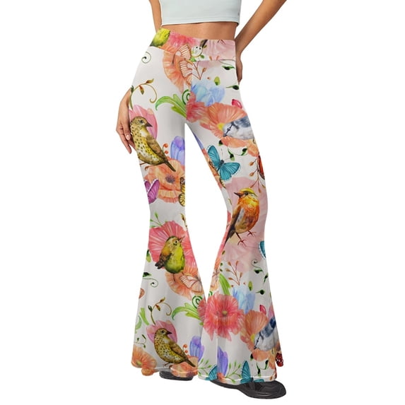 Xoenoiee Butterfly Flower Robin Print Flare Yoga Pants for Women,High Waisted Bootleg Pants V Crossover Bootcut Yoga Leggings Stretchy Casual Workout Pants, S