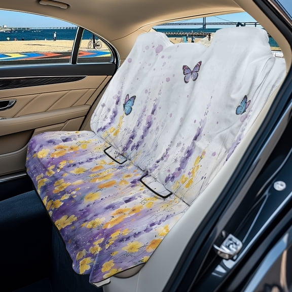 Xoenoiee Butterfly Lavender Flower Pattern Rear Car Seat Cover Waterproof Bench Seats Protector for Most Vehicles Cars Truck SUV, Universal Automotive Backseat Protector with Anti Slip Back