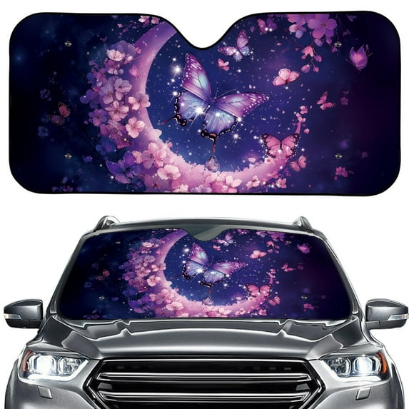 Xoenoiee Butterfly Moon Cherry Blossom Pattern Car Windshield Sunshade Foldable Car Sun Shade for Front Window Auto Sun Visor Heat Protection Blocks UV Rays and Keeps Vehicle Cool, 57.1 x 27.4 Inch