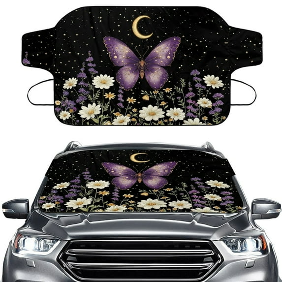 Xoenoiee Butterfly Moon Daisy Lavender Flower Print Car Windshield Snow Cover Windproof All Weather Winter Summer Front Window Automotive Covers Sun & Snow-Shade for Most Cars Trucks Vans and SUVs