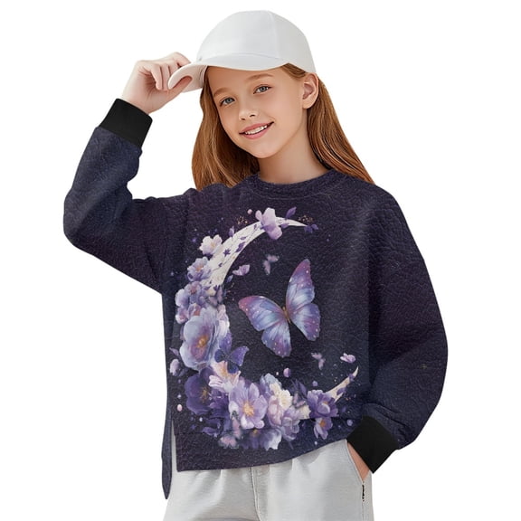 Xoenoiee Butterfly Moon Flower Print Crewneck Sweatshirt for Girls Kids Teens Long Sleeve Sweatshirts Shirts 2025 Side Slit Pullover Top Y2k Fall Outfits, 9-10 Years