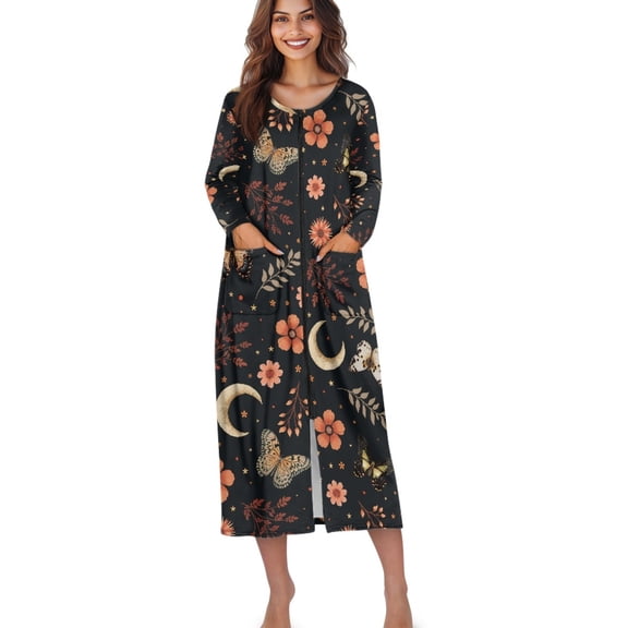 Xoenoiee Butterfly Moon Flower Print Womens Housecoat Zip Robe Zip Up Front Robe Bathrobe Zipper House Coat Crew Neck Loungerwear Nightgowns with Pockets, S