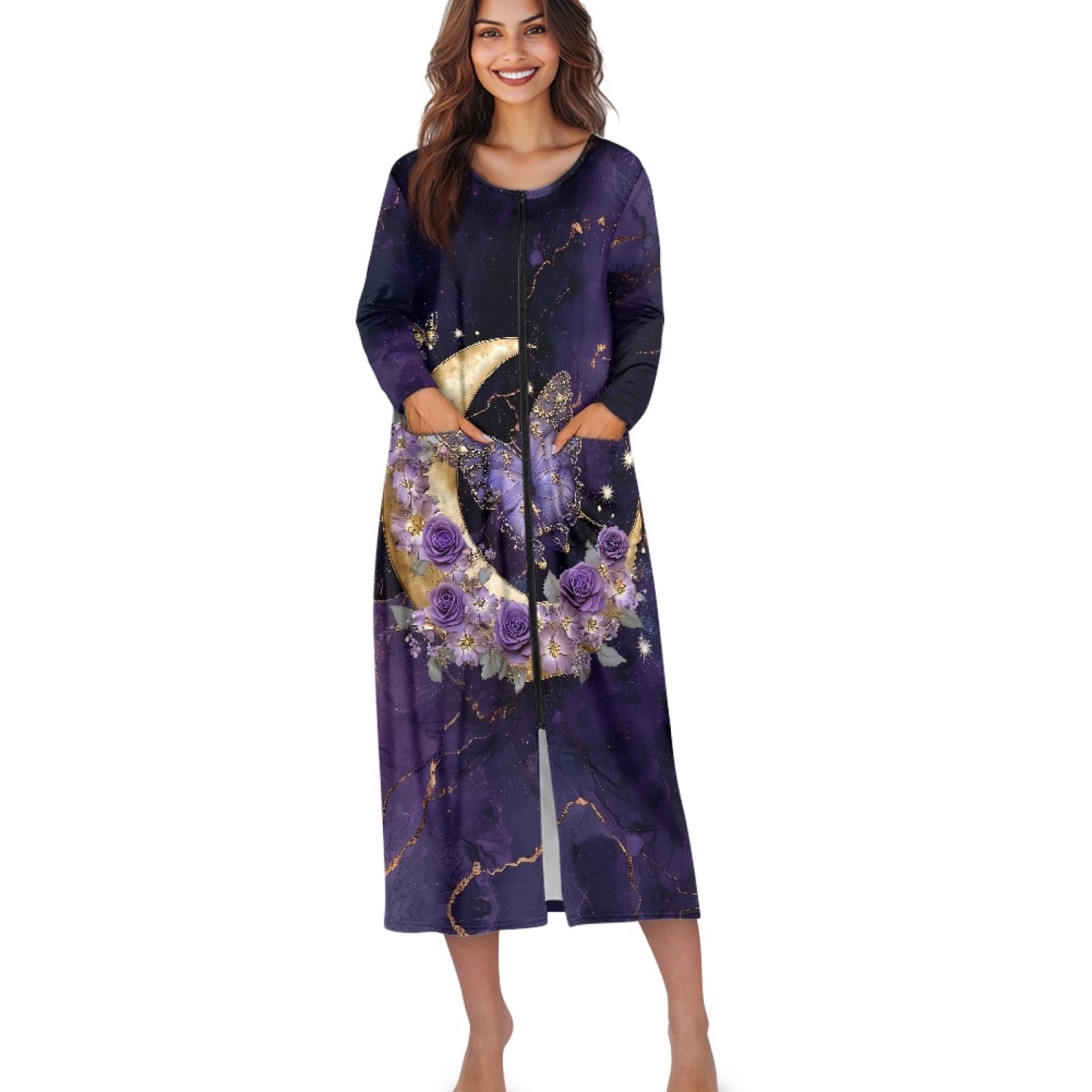 Xoenoiee Butterfly Moon Rose Marble Print Women Zipper Robe Long Sleeve ...