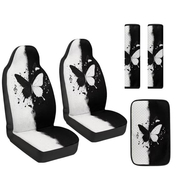 Xoenoiee Butterfly Music Note Pattern 5pcs Car Accessories Full Set with Car Front Seat Covers, Auto Seat Belt Cover Pad, Car Armrest Cover Pad, PU Leather Car Interior Accessories Decor