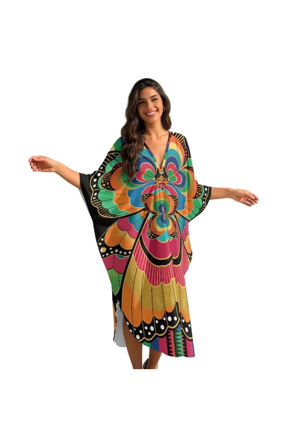 Butterfly Pattern Kaftan Dresses for Women Plus Size V-Neck Caftan Moo Moos Batwing Kaftan Beach Dress Bathing Suit Cover-Up Loungewear