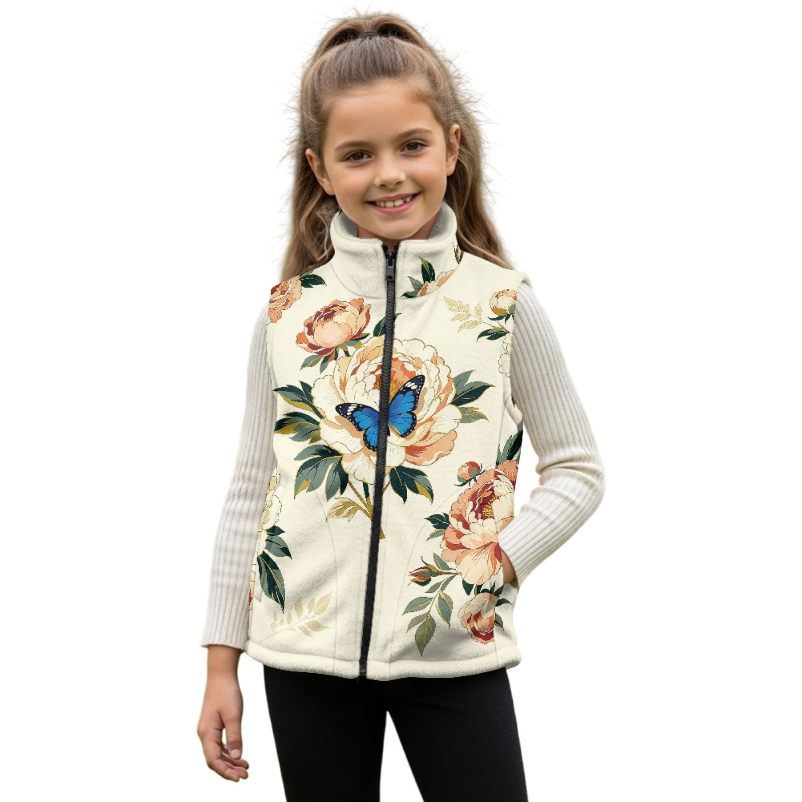 Xoenoiee Butterfly Peony Flower Print Girls Fleece Vest Outerwear Sleeveless Lightweight Zip Jackets Warm Soft Vests with Zipper and Pockets, Size 7-8 Years