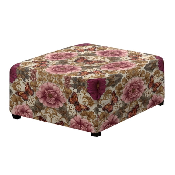 Xoenoiee Butterfly Peony Flower Print Ottoman Cover Square Storage Ottoman Slipcover Footrest Stool Covers Stretch Chair Cover Ottoman Slipcovers for Foot Stool with Nonslip Elastic Bottom, S