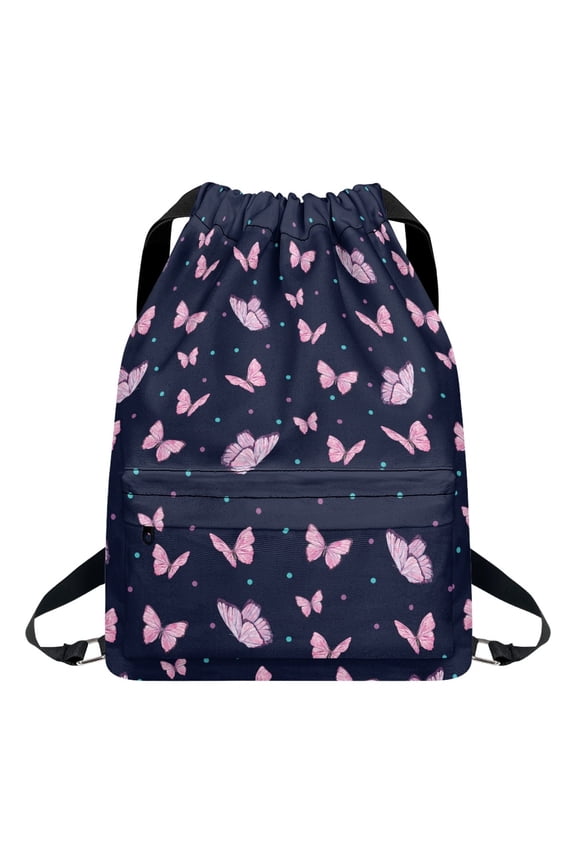 Butterfly Print Drawstring Backpack for Men & Women, Lightweight Large Capacity Gym Sack Daypack String Cinch Bag with Zipper Pocket for Shopping Travel Sport Yoga