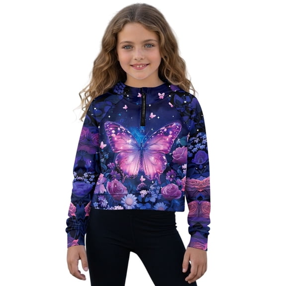 Xoenoiee Butterfly Rose Daisy Flower Print Girls Half Zip Oversized Sweatshirts Fleece Hoodies 2025 Trendy Long Sleeve Pullover Tops Y2k Fall Outfits, 5-6 Years