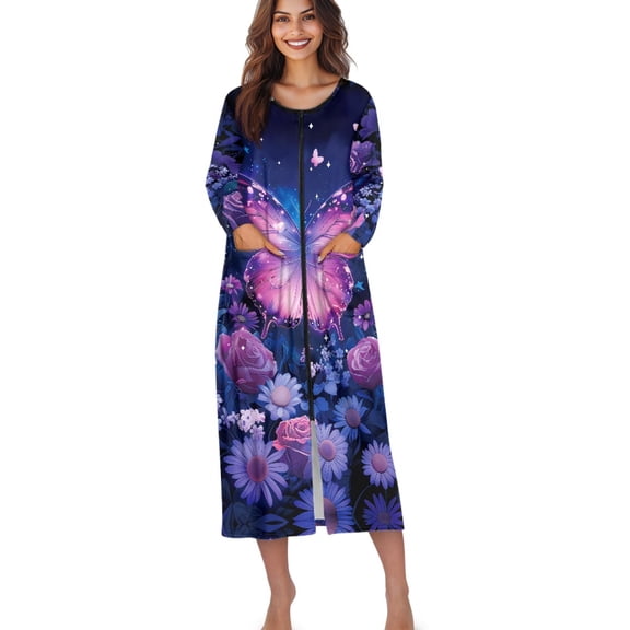 Xoenoiee Butterfly Rose Daisy Flower Print Nightgown House Dress Zip up Robes for Women Long Lounge Dress Round Neck House Coat Bathrobe Plus Size, 3XL