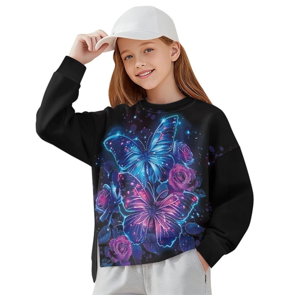 Xoenoiee Butterfly Rose Flower Print Girls Casual Crewneck Sweatshirt Kids Long Sleeve Side Slit Oversized Pullover Tops Drop Shoulder Outerwear Activewear, 9-10 Years