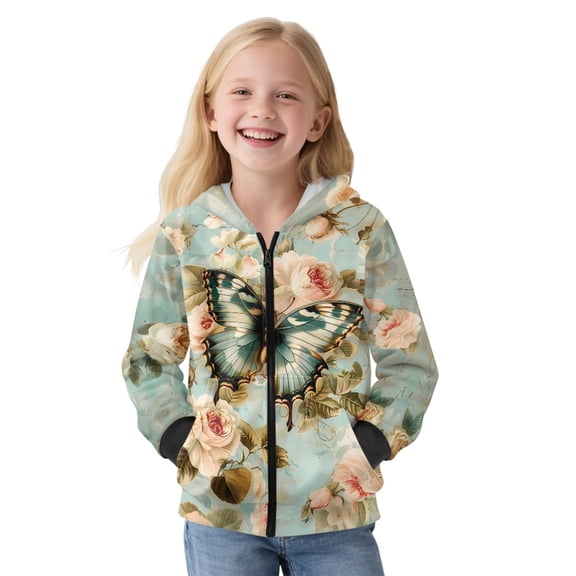 Xoenoiee Butterfly Rose Flower Print Hoodies Sweatshirt for Kids Long Sleeve Jacket Pullover Hoodie Full Zip Coat with Hood for Teen Girls Fall Outfits Sweat Shirts Jumpers with Pocket, S