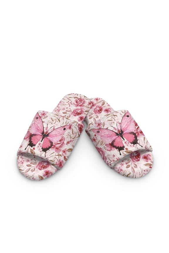 Butterfly Rose Flower Print Open Toe Slippers for Women Men Memory Foam Slip On Cotton House Slippers Flannel Bedroom Shoes, 6-7 Women/ 5-6 Men