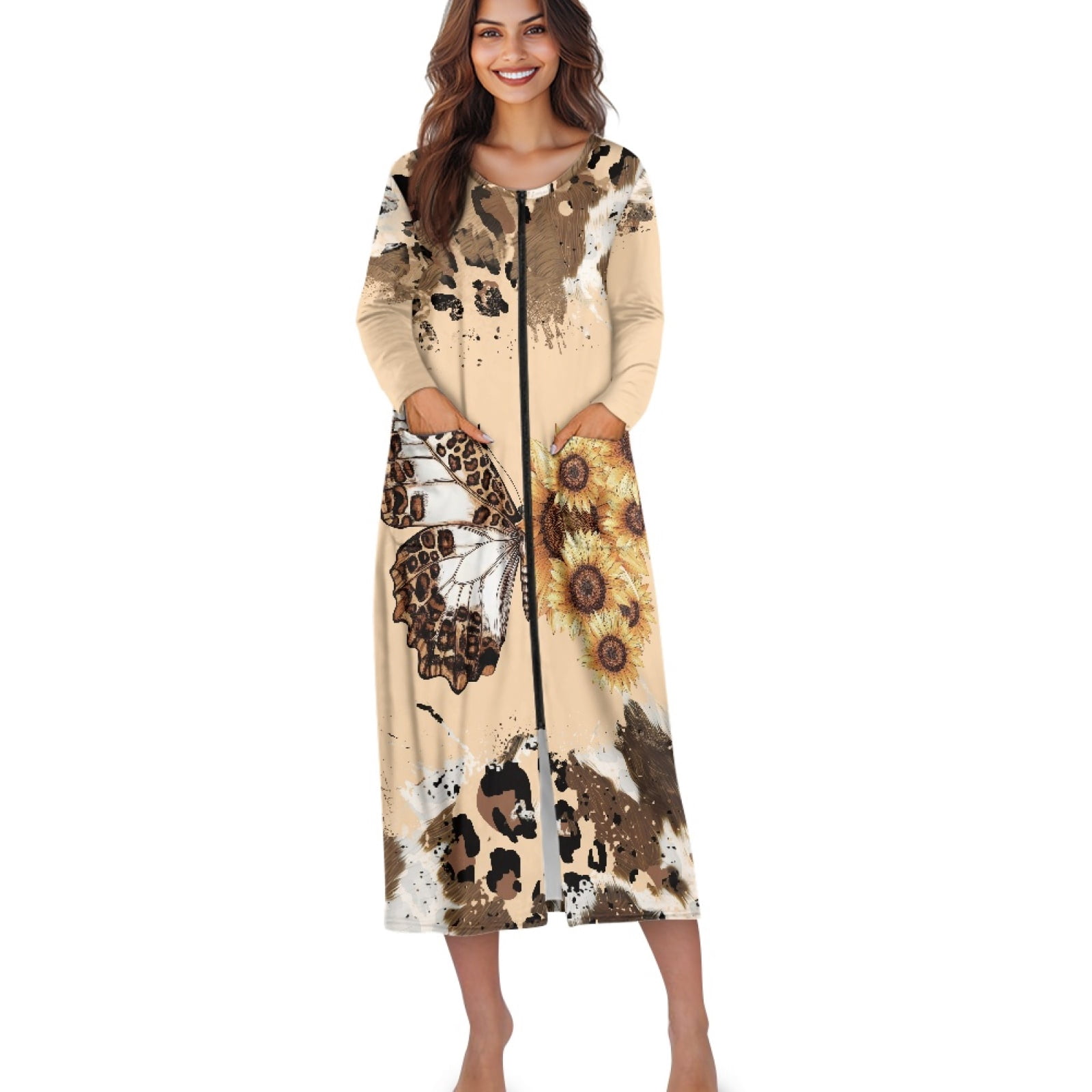 Xoenoiee Butterfly Sunflower Cow Leopard Print Women's Long House Dress ...
