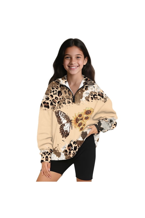 Butterfly Sunflower Leopard Cow Print Oversized Quarter Zip Sweatshirt, Trendy Y2K Fall Outfits for Girls, Soft Fleece Pullover Sweater with Drop Shoulder, Size 13-14 Years