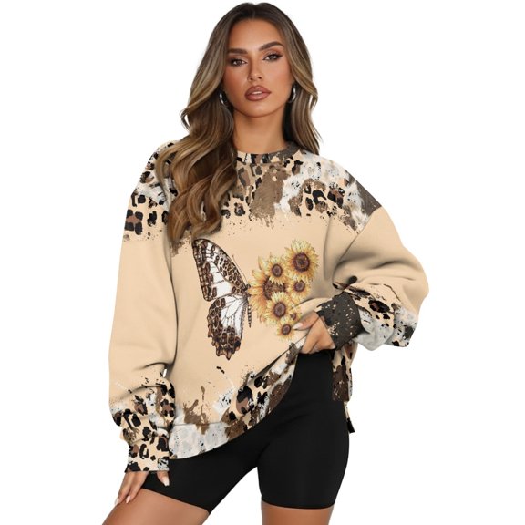 Xoenoiee Butterfly Sunflower Leopard Cow Print Women Sweatshirt Lightweight Workout Pullover Athletic Long Sleeve Top for Running Hiking Fall Winter Clothes, Size 2XL