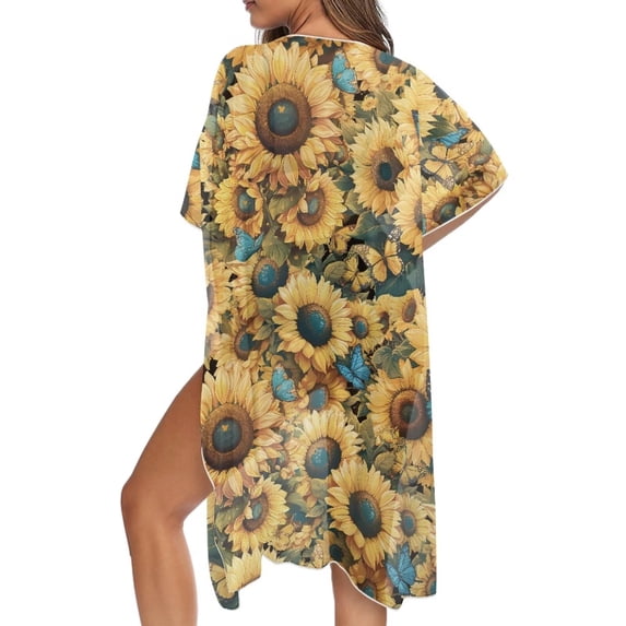 Xoenoiee Butterfly Sunflower Pattern Beach Cover Ups for Women Kimono Swimsuit Cover up Open Front Cardigan Bikini Coverups Summer Swimwear Coverup Casual Loose Resort Wear