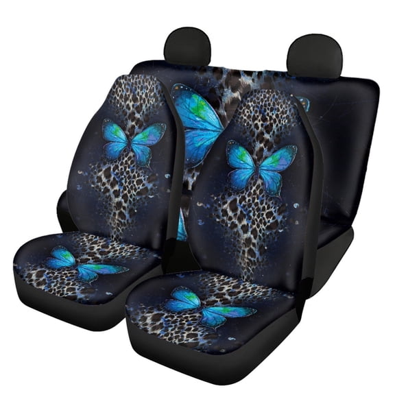 Xoenoiee Butterfly and Leopard Print Car Front Seat Covers + Back Split Bench Cover Breathable Fabric Automotive Seat Cushion, Universal Fit, 4pcs