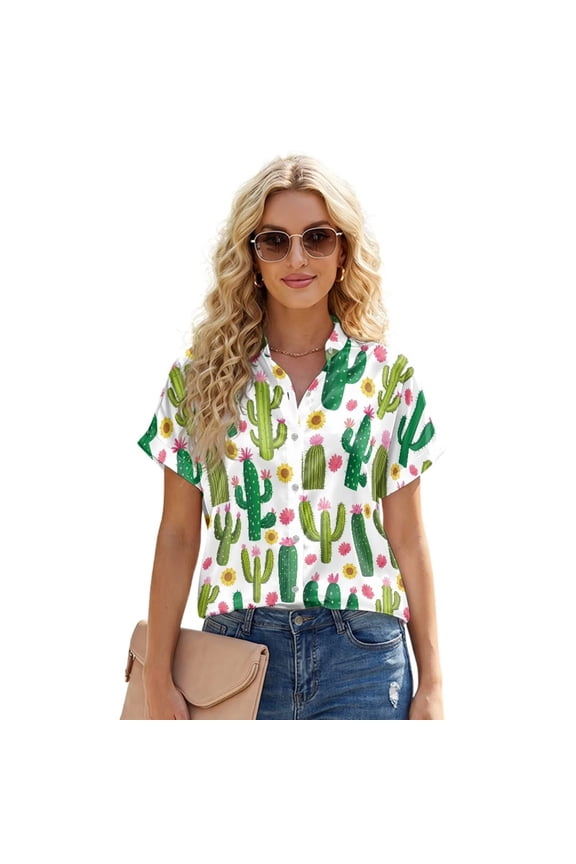 Cactus Sunflower Flower Print Satin Silk Shirts for Women Summer Button Down Blouses V Neck Casual Comfortable Blouse Top Roll-Up Short Sleeve Shirt TeeSize, 2XL