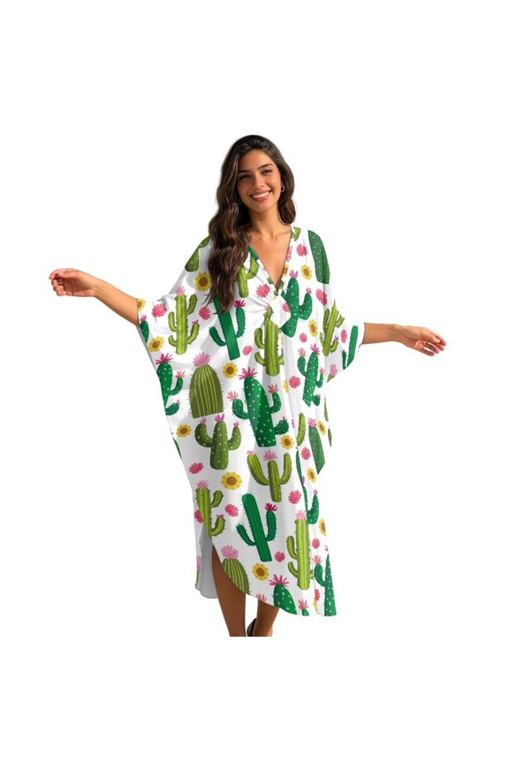 Cactus Sunflower Flower Print Women Kaftan Dresses Summer Caftan Coverups Dress Kimono Beach Vacation Wear V Neck Maxi Boho Dress for Beach Pool Vacation