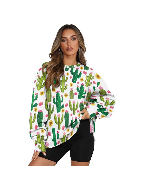 Cactus Sunflower Flower Print Women Oversized Sweatshirts Long Sleeve Shirts 2025 Fall Side Slit Pullover Top Y2k Outfits Activewear with Side Pockets, Size S