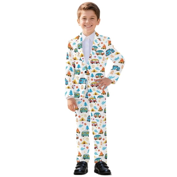 Xoenoiee Camping RVs Campfire Compass Tree Floral Leaves Print Boys Suits Slim Fit Tuxedo 2 Piece Kids Blazer Jacket Pants Formal Fashion Ring Bearer Outfit for Wedding, 11-12 Years