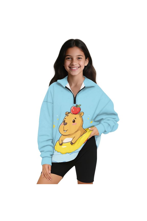 Capybara Apple Print Girls Athletic Half Zip Sweatshirt, Lightweight Pullover Long Sleeve Workout Top for Running Hiking, Fall Winter Clothes，Size 5-6 Years