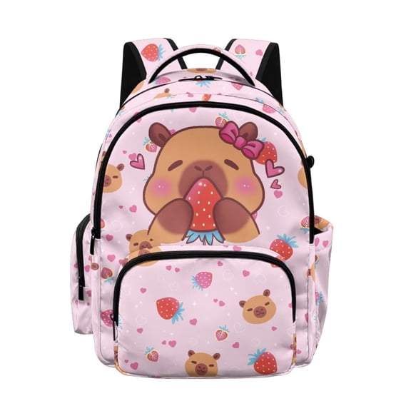 Xoenoiee Capybara Bow Strawberry Heart Print Backpack Daypack for Girls, Large Capacity 17 Inch School Bag Lightweight Portable Knapsack Shoulder Bookbag Rucksack Satchel for Student