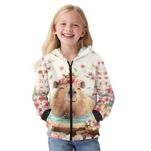Xoenoiee Capybara Cherry Blossom Print Zip Up Hoodies Sweatshirts for Girls, Teen Kids Hooded Long Sleeve Pullover Sweatshirt with Large Pocket, Fashion Home Party Student Sport Hoody, XL