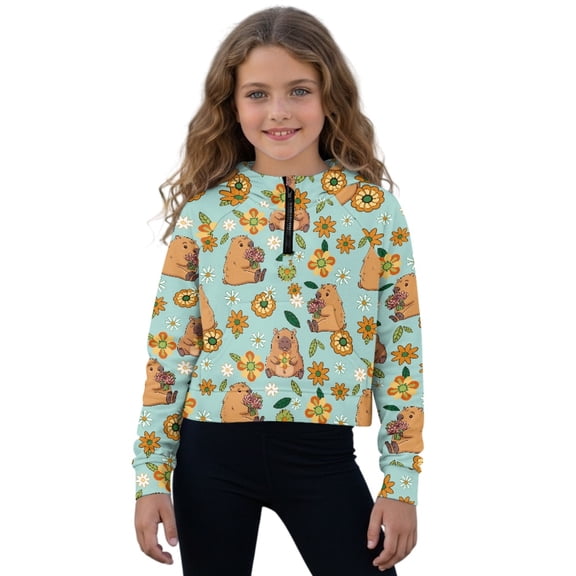 Xoenoiee Capybara Daisy Flower Print Girls Half Zipper Hoodie Trendy Fall Sweatshirts Long Sleeve Pullover Tops for Teen Girl Kids Mock Neck Sweater, Size 13-14 Years